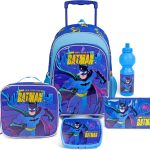 Warner Bros Batman 5-in-1 Trolley School Bag Set - Ergonomic Backpack, Water Bottle, Lunch Box, Insulated Lunch Bag & Pencil Case, Lightweight & Durable, for Boys 6+, Perfect for School & Travel