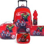 Marvel Avengers 5-in-1 Trolley School Bag Set - Ergonomic Backpack, Water Bottle, Lunch Box, Insulated Bag & Pencil Case, Lightweight & Durable, for Boys 6+, Perfect for School & Travel