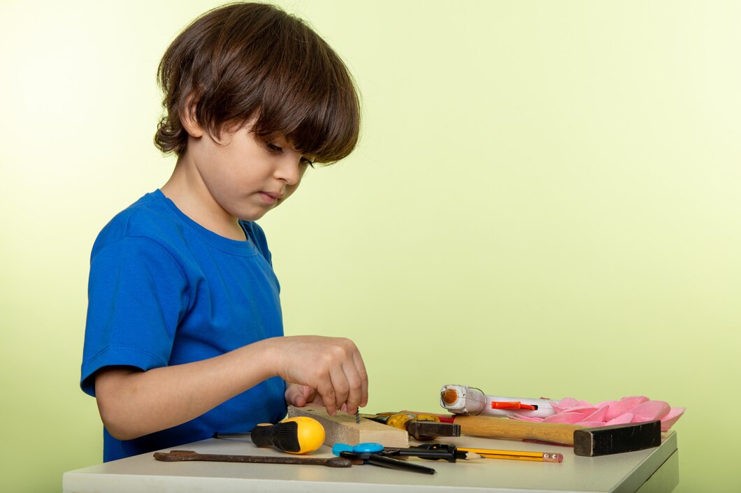 Cute Adorable Boy Working With Tools Blue T Shirt White | Play and Dream Toys UAE