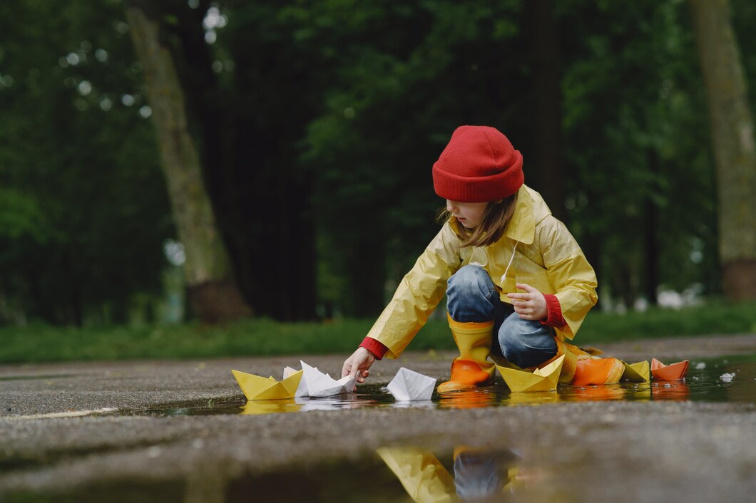 Funny Kids Rain Boots Playing With Paper Ship By Puddle | Play and Dream Toys UAE