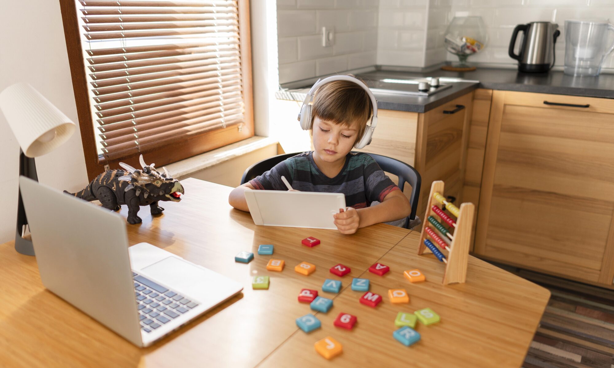 Long Shot Child Attending Virtual School Courses | Play and Dream Toys UAE