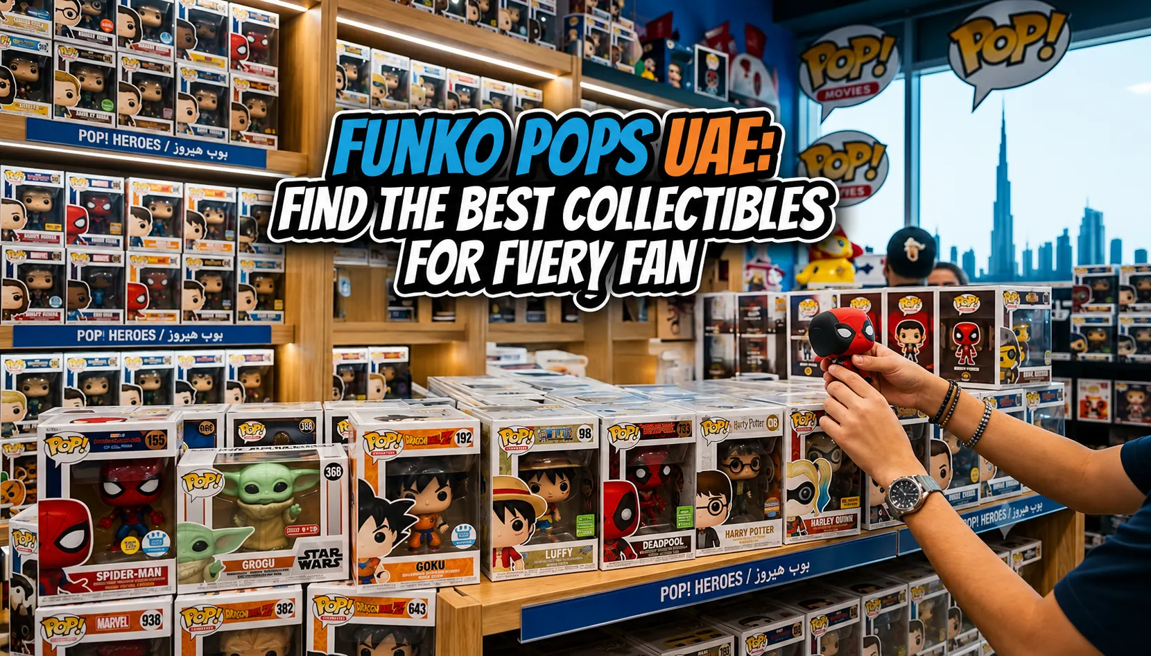 Funko Pops collectible figures displayed in a Dubai toy store, UAE.
